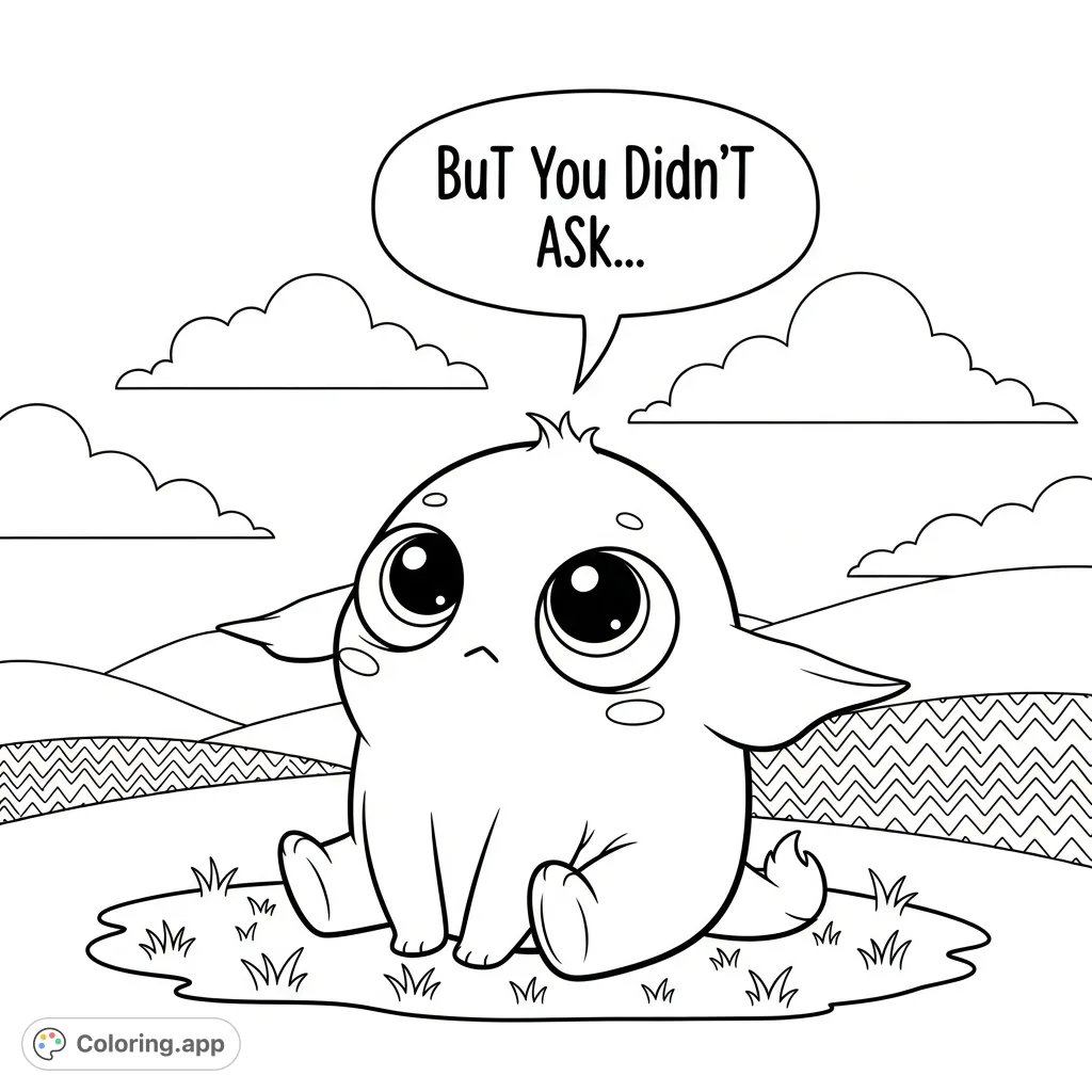 A whimsical creature with a thought bubble featuring the phrase 'But You didn't Ask...' on a charming, simple background, perfect for expressive coloring.