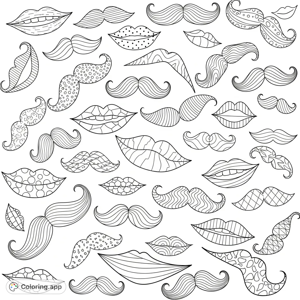 Unleash your creativity with this fun mustache and lips coloring page, featuring playful shapes and intricate patterns perfect for all ages.