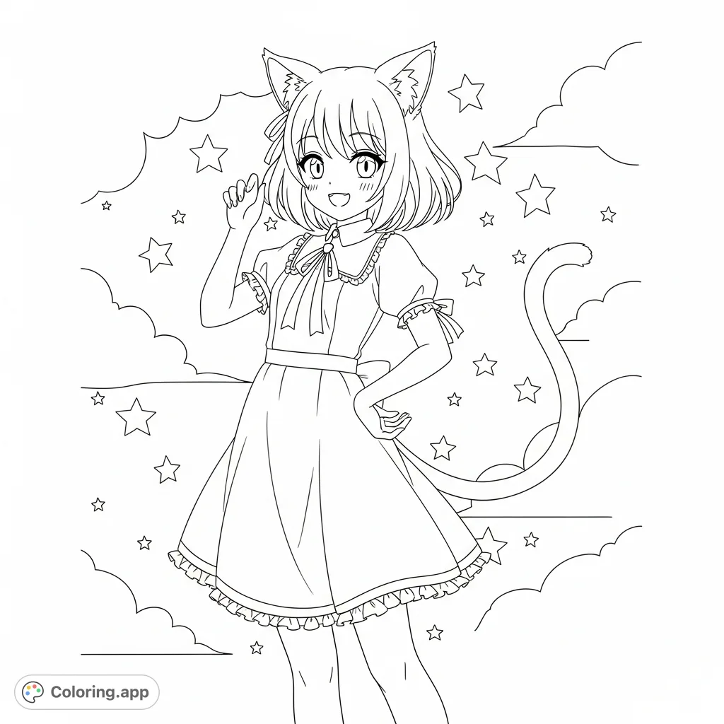 A charming anime girl with cat ears and tail in a playful pose. Her cheerful expression and simple dress invite creative coloring and fun.