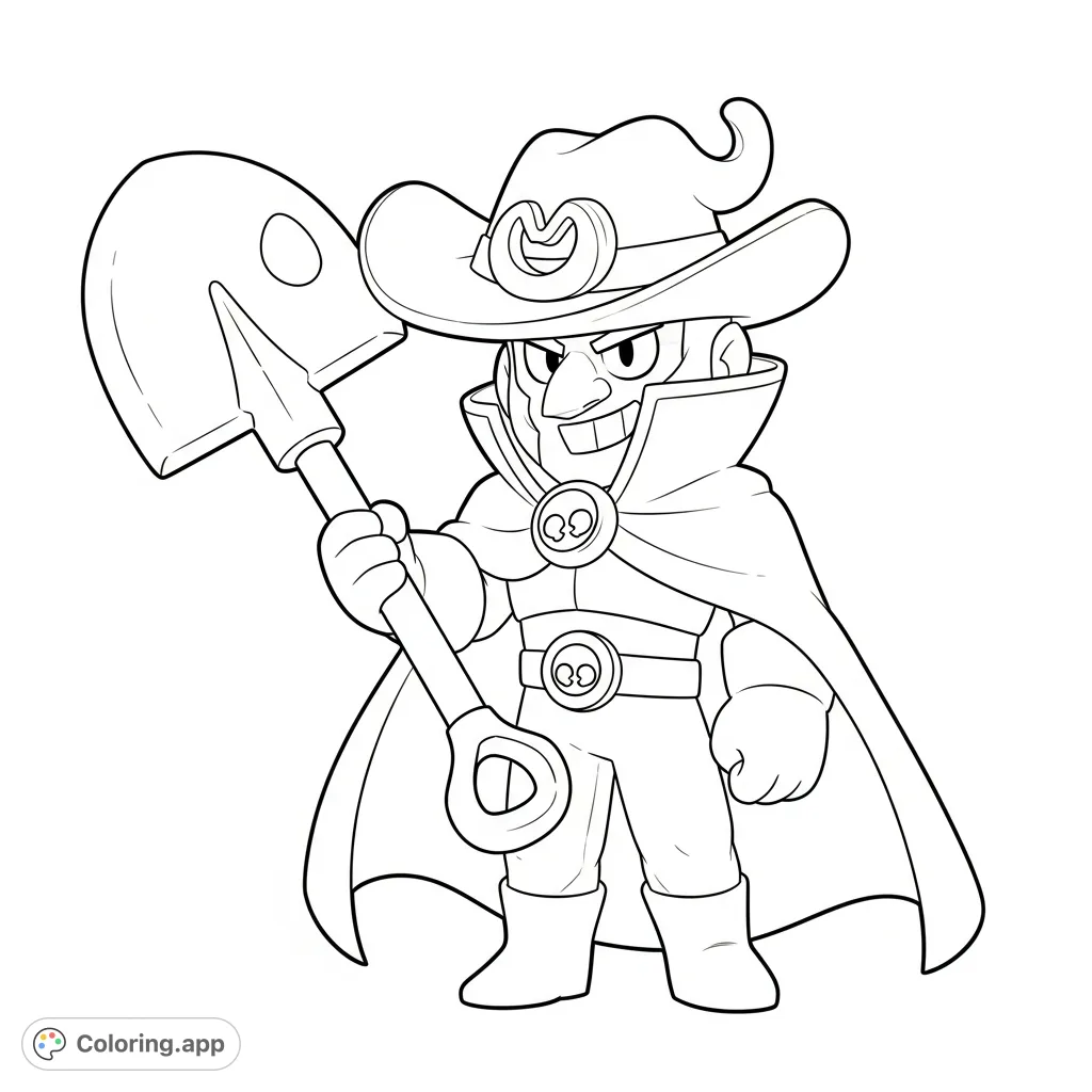 An action-packed Mortis Brawl Stars coloring page, featuring the iconic character with his shovel and flowing cape, ready for adventure.