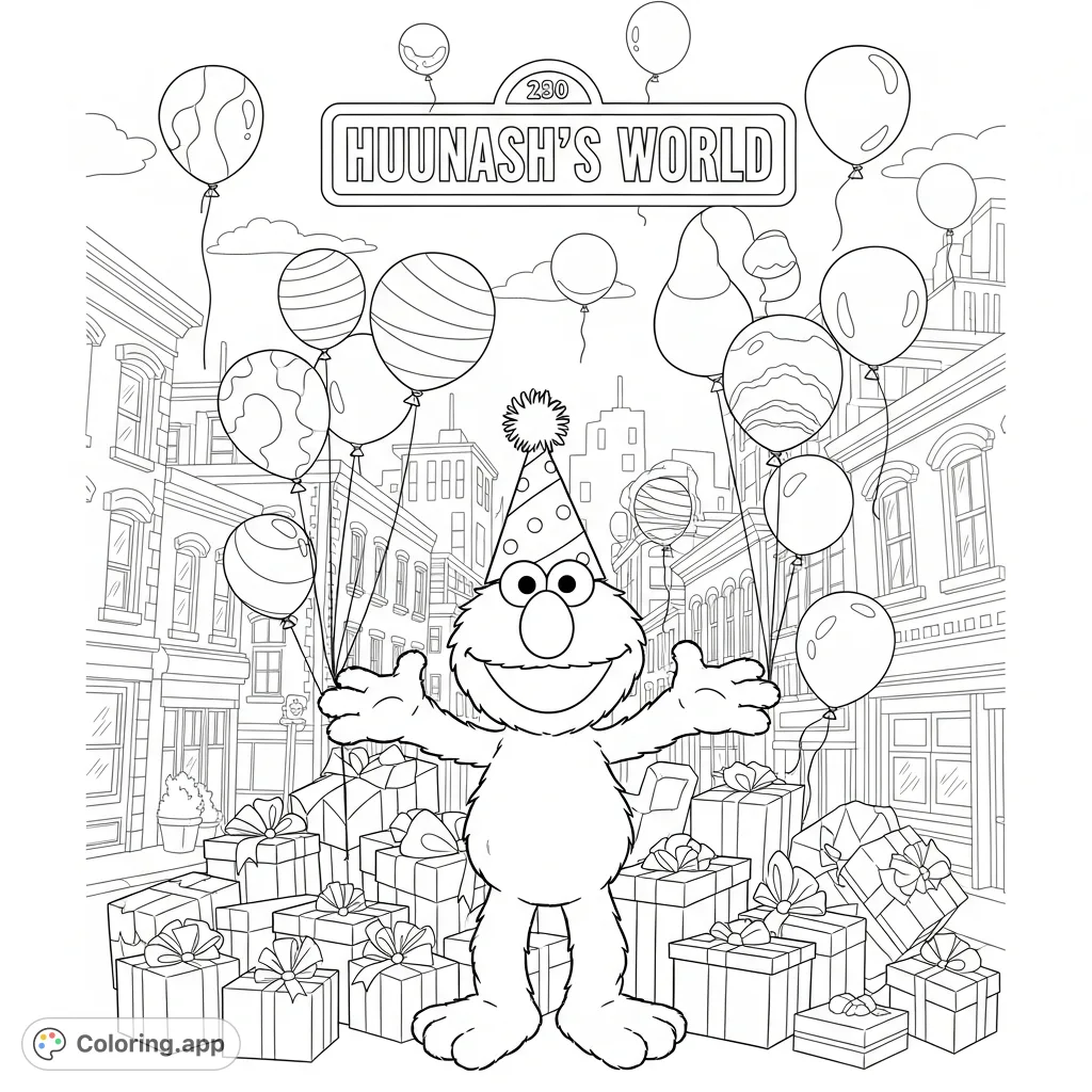 Join Elmo in a festive scene! He wears a party hat amidst scattered presents and floating balloons, set against the iconic Sesame Street cityscape.