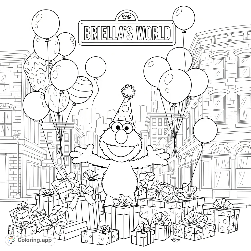 Join Elmo for a festive birthday celebration on Sesame Street! This coloring page features Elmo with presents and balloons against an iconic cityscape and a "Briella's World" sign.