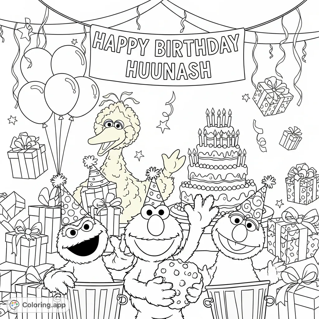 Join Elmo, Cookie Monster, Big Bird, and Oscar for a lively Sesame Street birthday party scene, complete with cake, gifts, and a "Happy Birthday Huunash" banner.