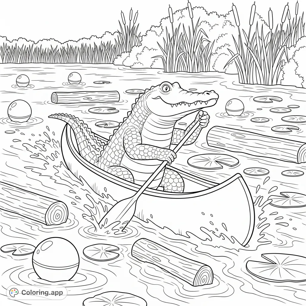 An adventurous alligator paddles a canoe through a challenging river obstacle course, surrounded by buoys, logs, and lily pads. A fun and unique scene!