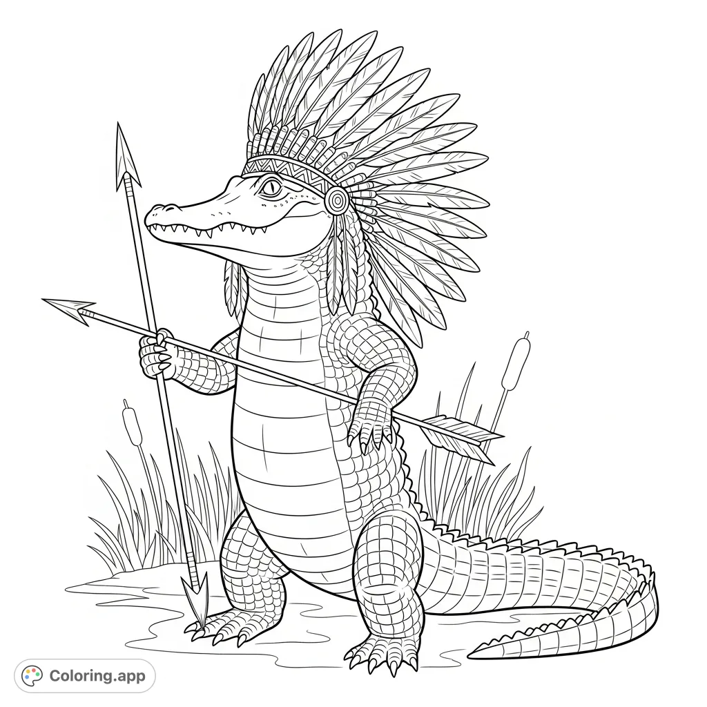 An imposing alligator chief stands tall, adorned in a magnificent feathered headdress and holding an arrow. A unique character for creative coloring adventures!