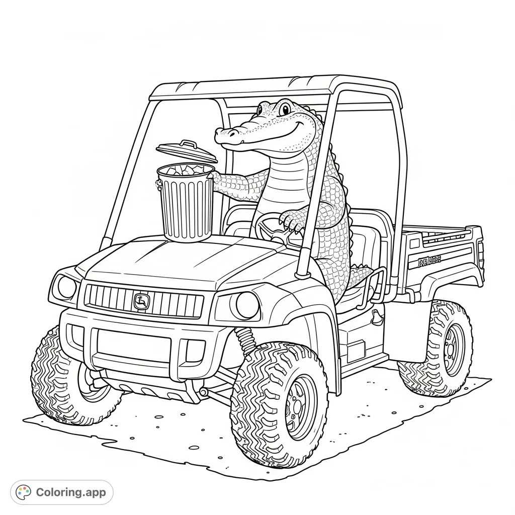 An adventurous alligator takes the wheel of a John Deere Gator, trash can in hand. A whimsical scene for animal and vehicle enthusiasts.