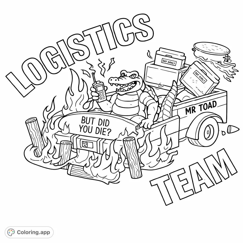 A fierce alligator drives a flaming utility vehicle, surrounded by coolers and text, perfect for those who conquer challenges with a grin.