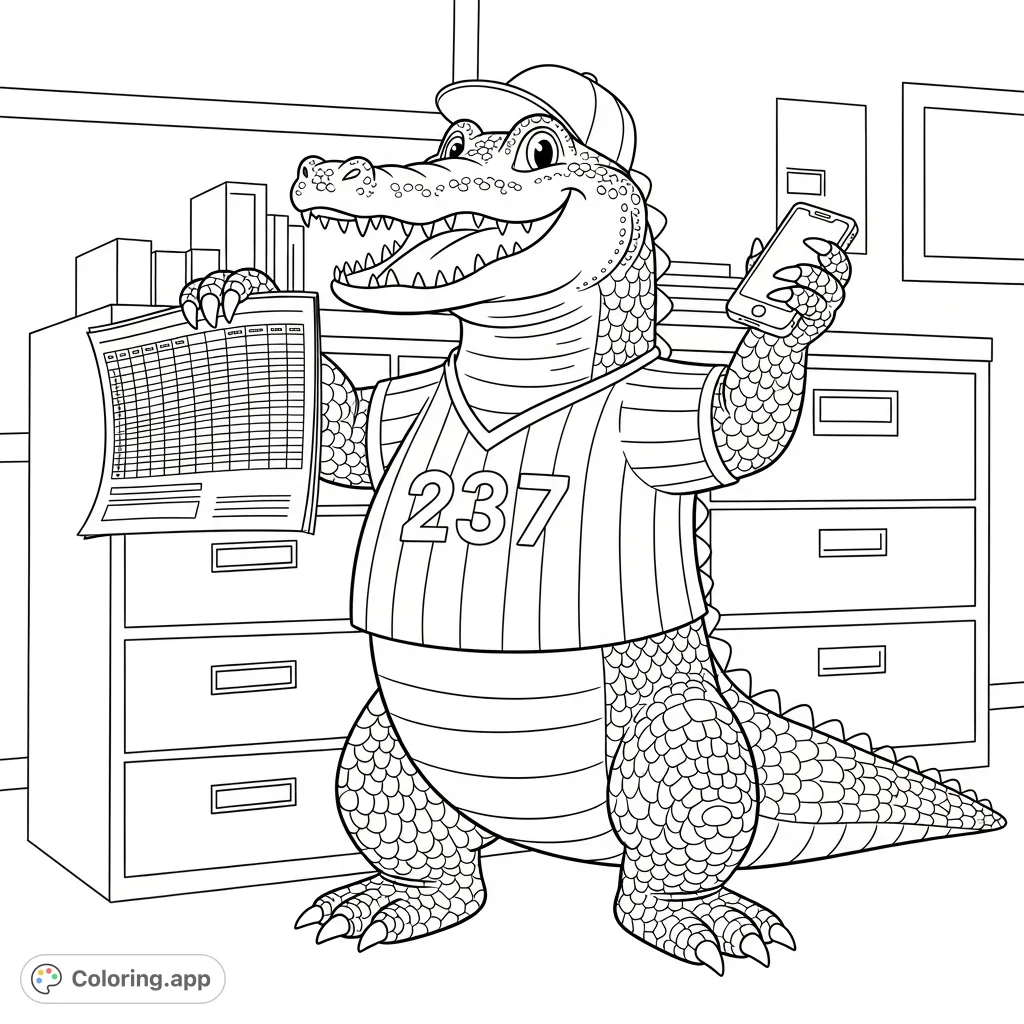 Color a friendly alligator wearing a jersey and cap, holding a spreadsheet and cellphone, grinning broadly in an office setting. Fun for all ages!
