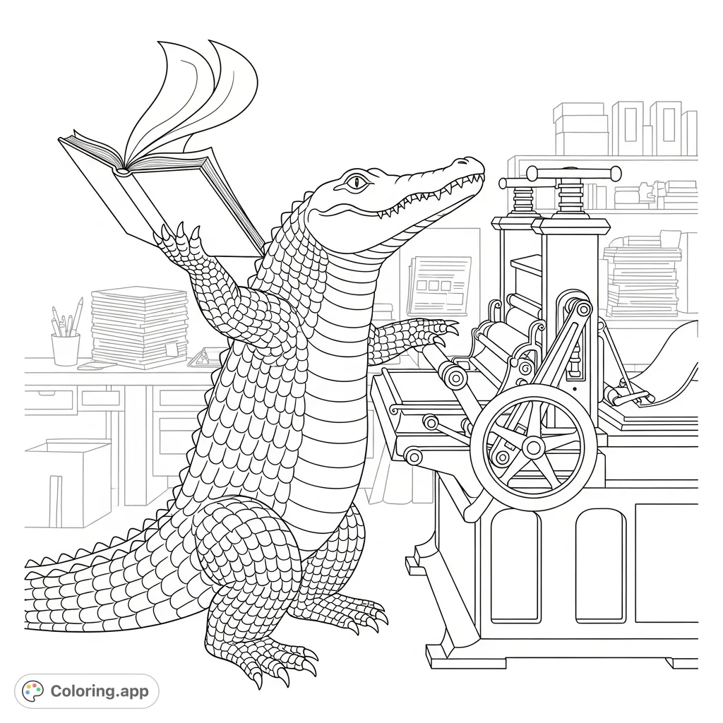 An intelligent alligator operates a vintage printing press, holding an opened book. Explore intricate scales and classic machinery in this unique coloring page.