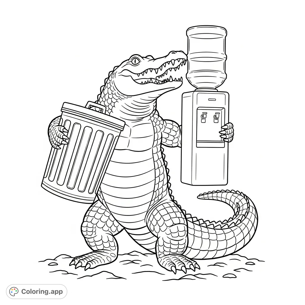 Witness a powerful alligator showcasing its strength, lifting a trash can and a water cooler. A unique and engaging coloring page for all ages!