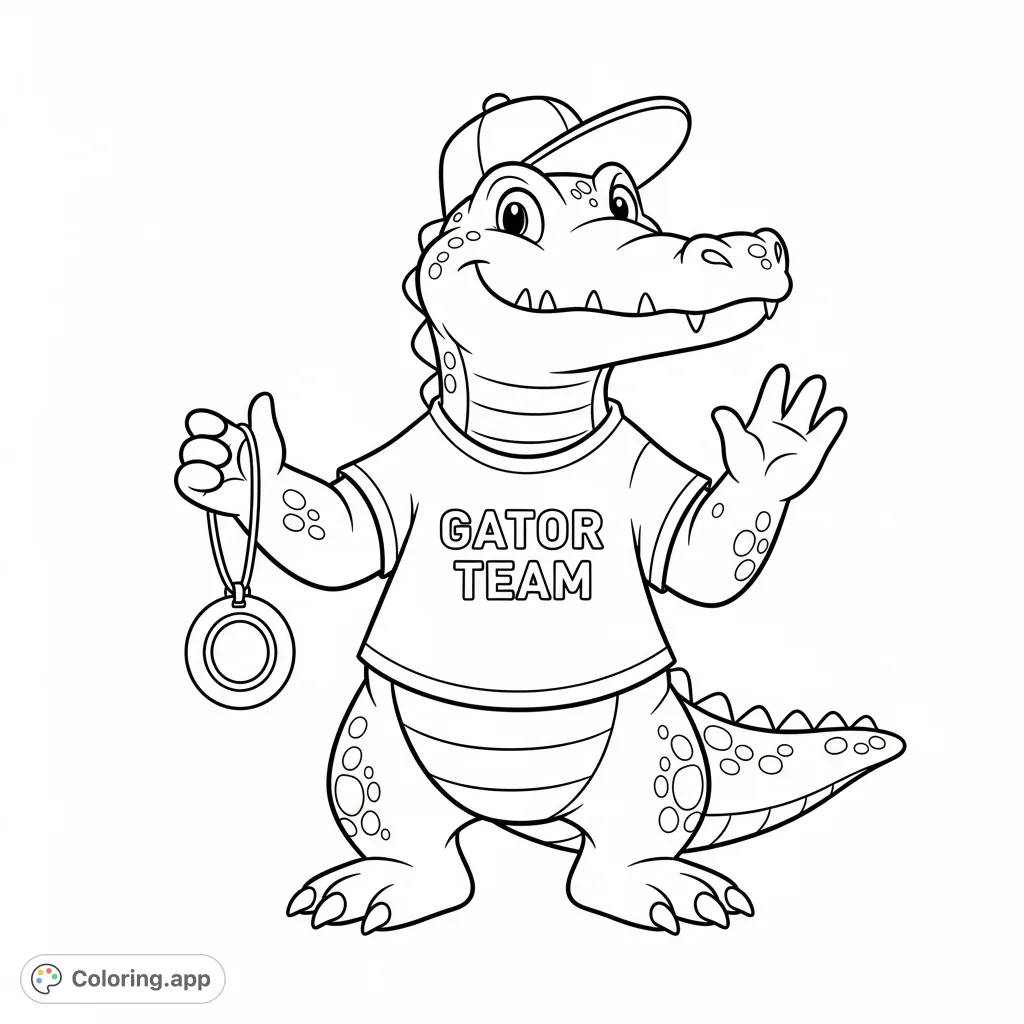 Show your team spirit with this fun alligator coloring page! A friendly gator in a team T-shirt and baseball hat waves a pendant, ready for game day.