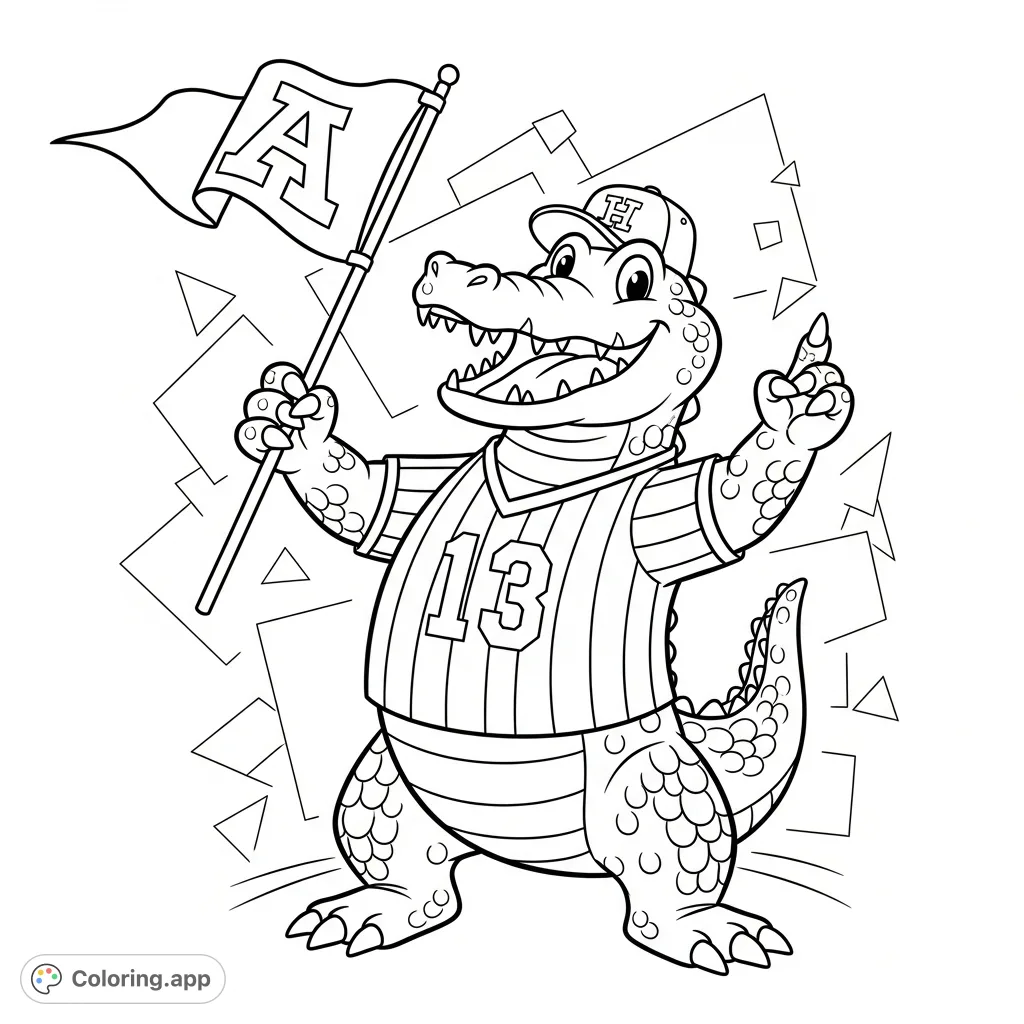 A cheerful alligator mascot in a striped jersey and cap, waving a pennant, embodying enthusiastic team spirit. Perfect for sports fans!