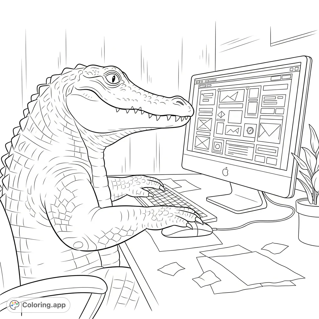 A fun alligator coloring page! See a focused gator designing a website on a computer, complete with keyboard, mouse, and screen details. Perfect for all ages.
