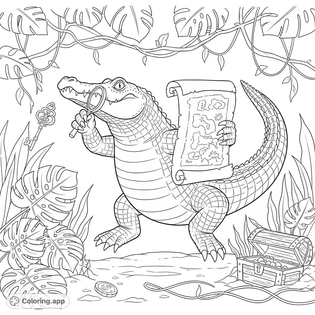 An adventurous alligator, map and magnifying glass in hand, explores a leafy swamp on a thrilling scavenger hunt, seeking hidden clues and a buried treasure chest.