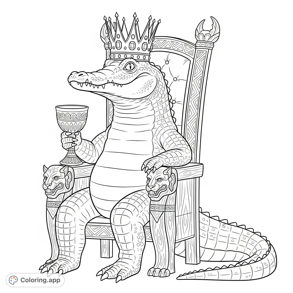 A majestic alligator king, complete with an ornate crown, sits on a grand throne, holding a royal goblet. A fun and unique coloring page for all ages.
