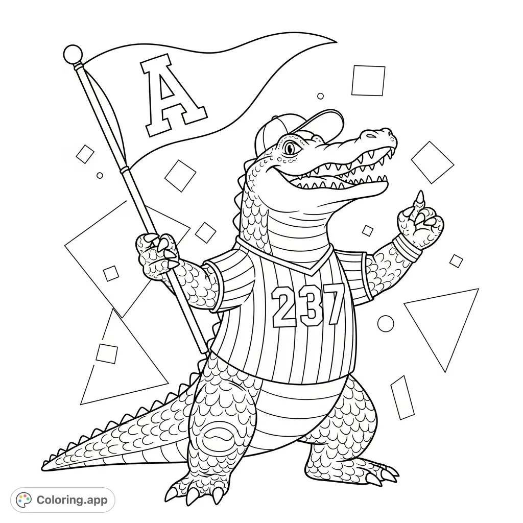 Unleash your creativity with this spirited alligator mascot coloring page, featuring a dynamic alligator in a striped jersey with a flag and a big grin!