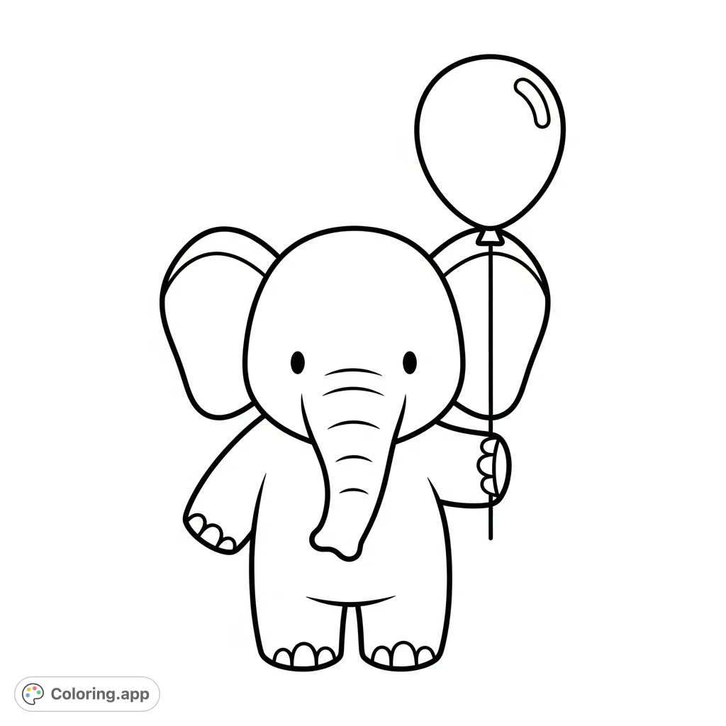 An ultra-simple, adorable cartoon elephant holding a balloon, perfect for little hands. Features bold, thick lines and large shapes for easy coloring.