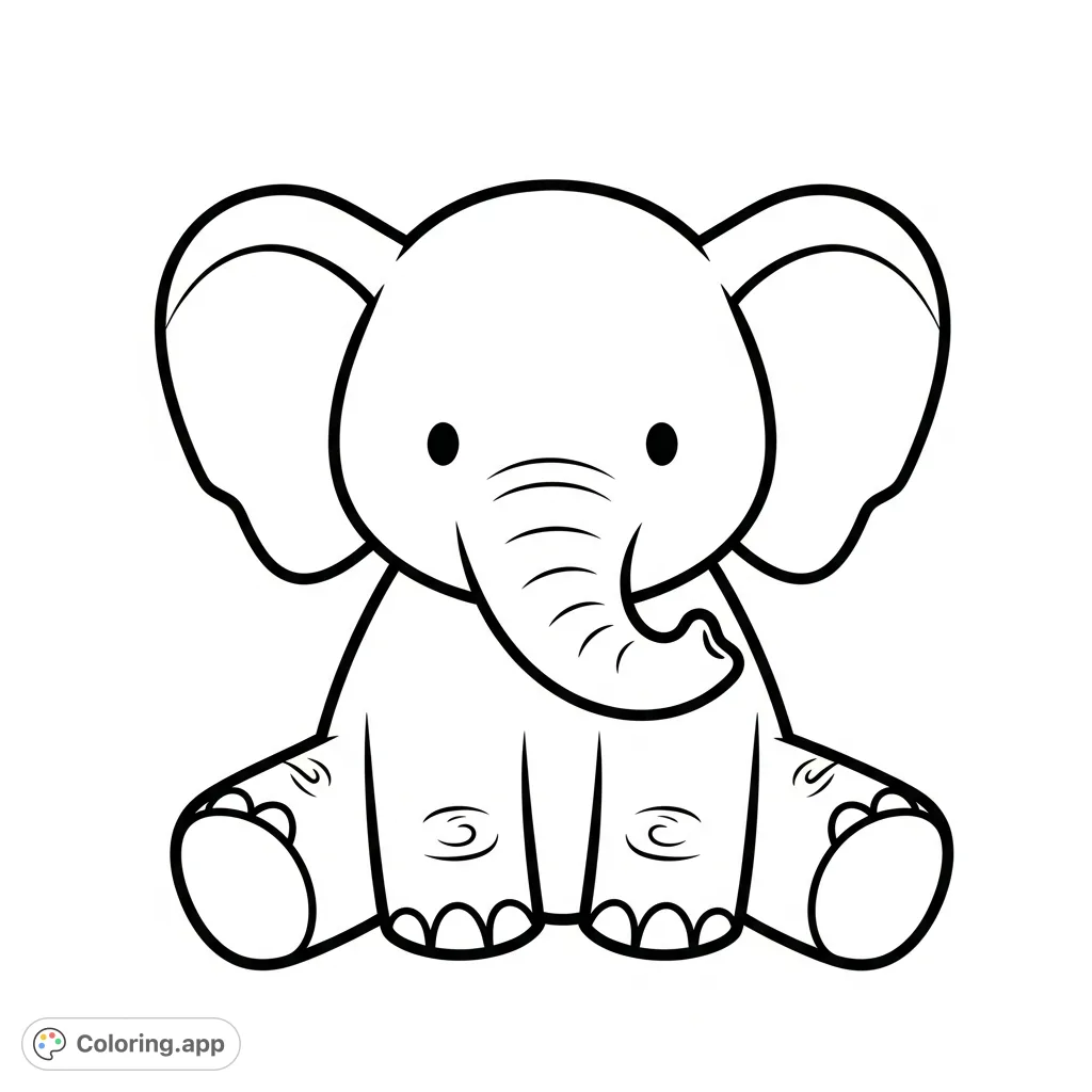 An ultra-simple, cute cartoon elephant with thick outlines and large, rounded shapes, perfect for young children to color. A fun, free printable elephant coloring page.