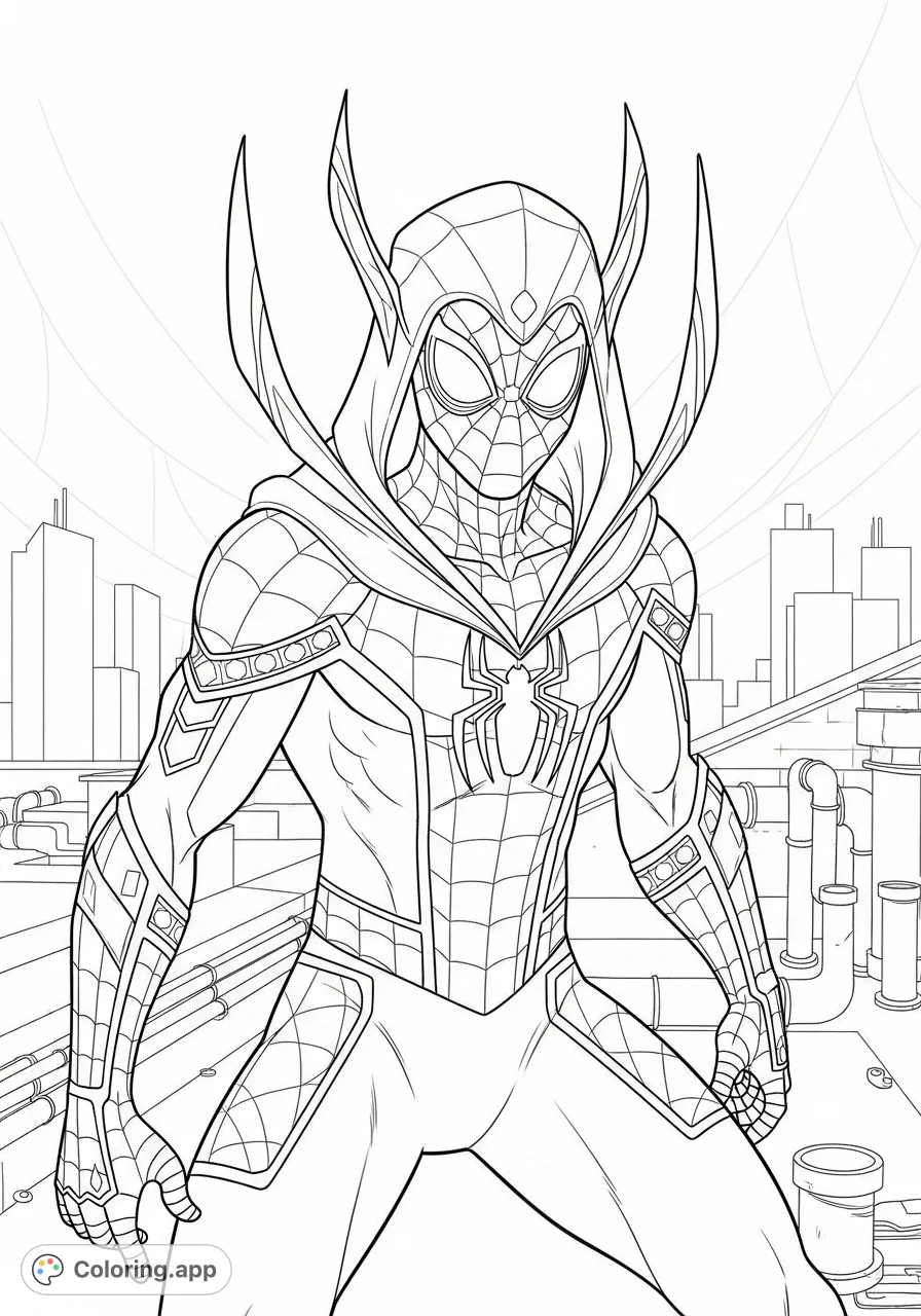 An exciting Armored Spiderman coloring page featuring a unique elvish-style hood integrated into his sleek suit. Perfect for fans of superheroes and fantasy.