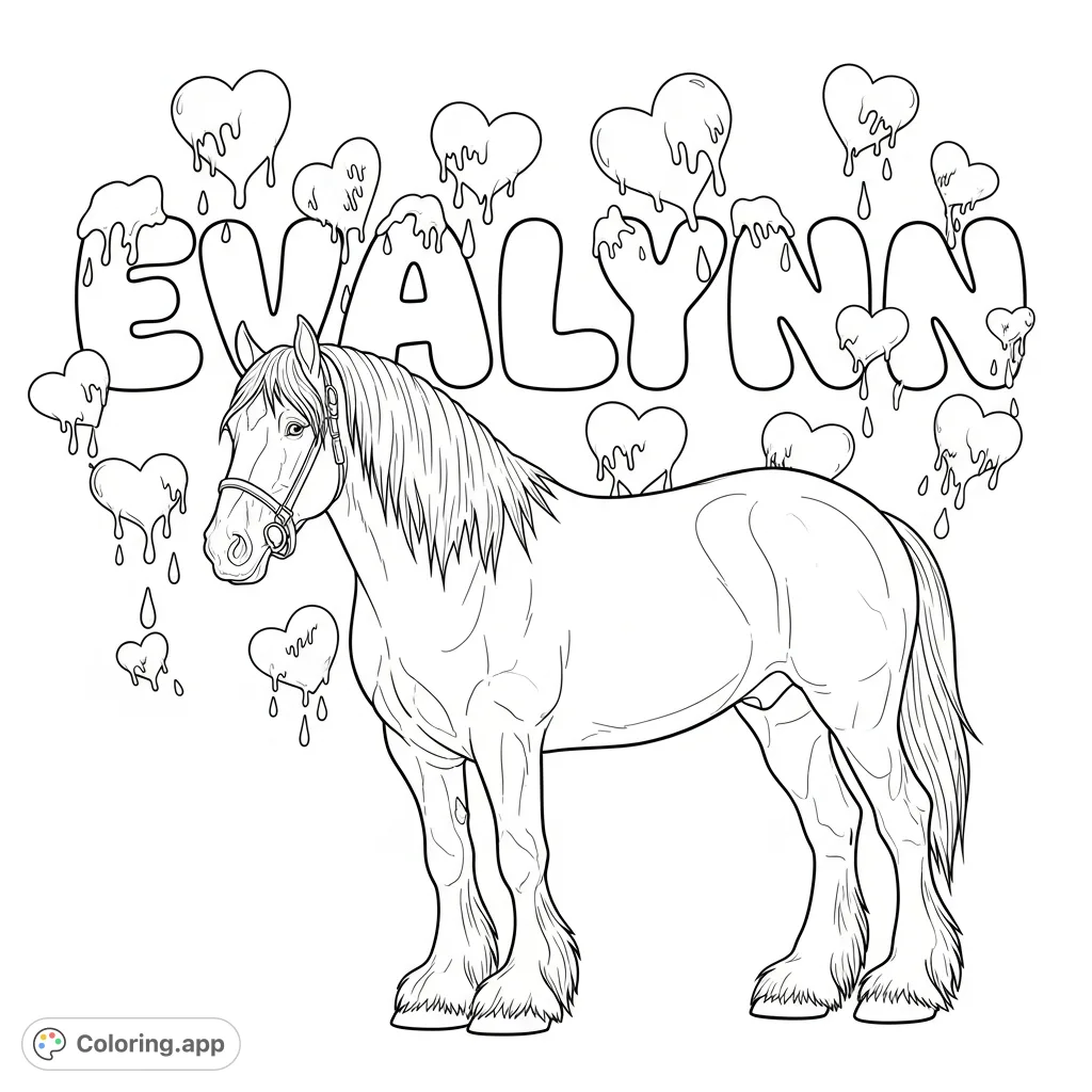 A charming coloring page featuring a grand Clydesdale horse, the name "Evalynn" in bubbly letters, and a backdrop of dripping hearts. Perfect for personalization!