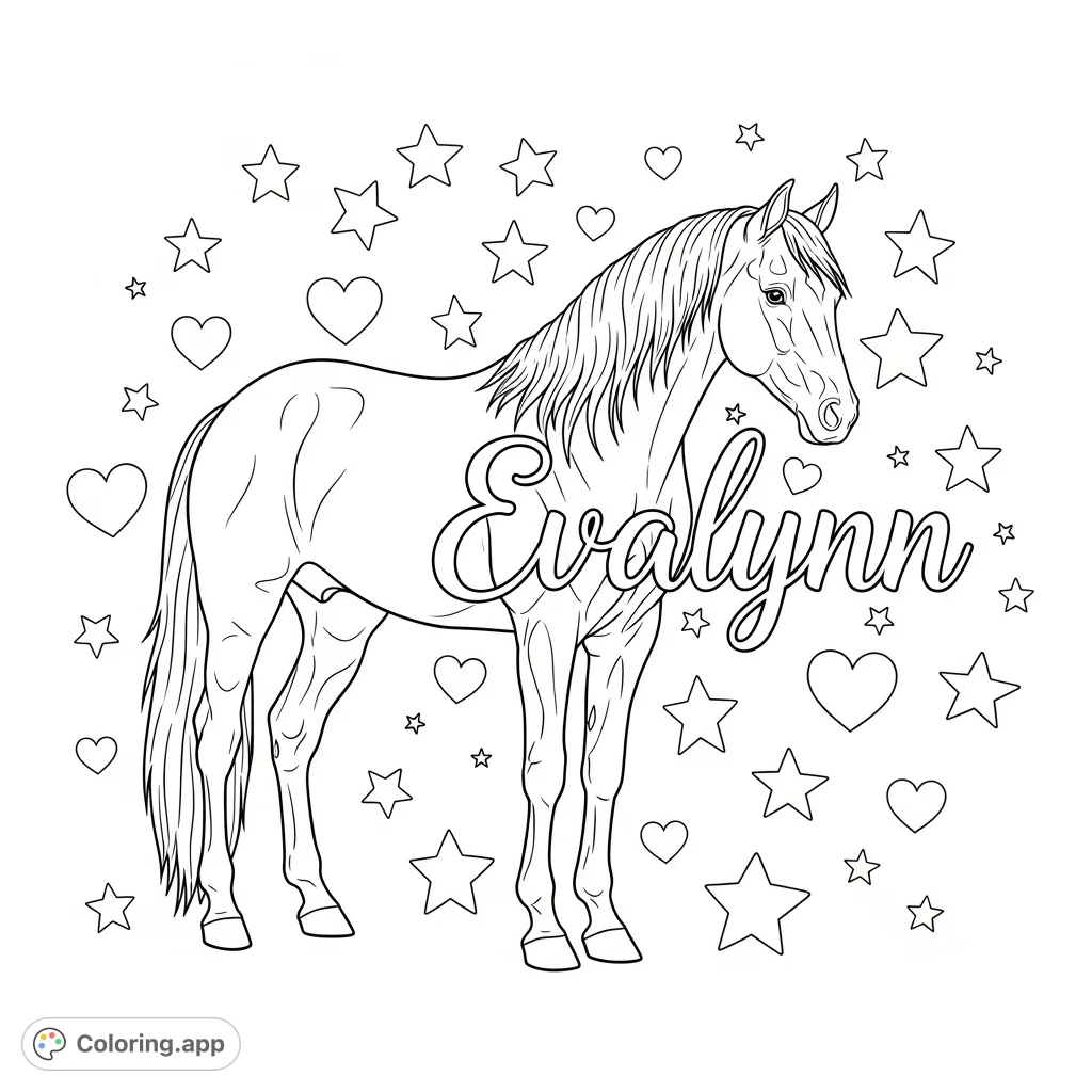 A beautiful horse stands amidst a whimsical background of stars and hearts, personalized with the name "Evalynn" in elegant script. Perfect for horse lovers!