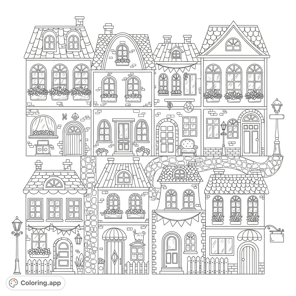 Explore a whimsical cozy town with dollhouse-like compartments, charming house designs, and intricate decorations. A delightful free printable coloring page.