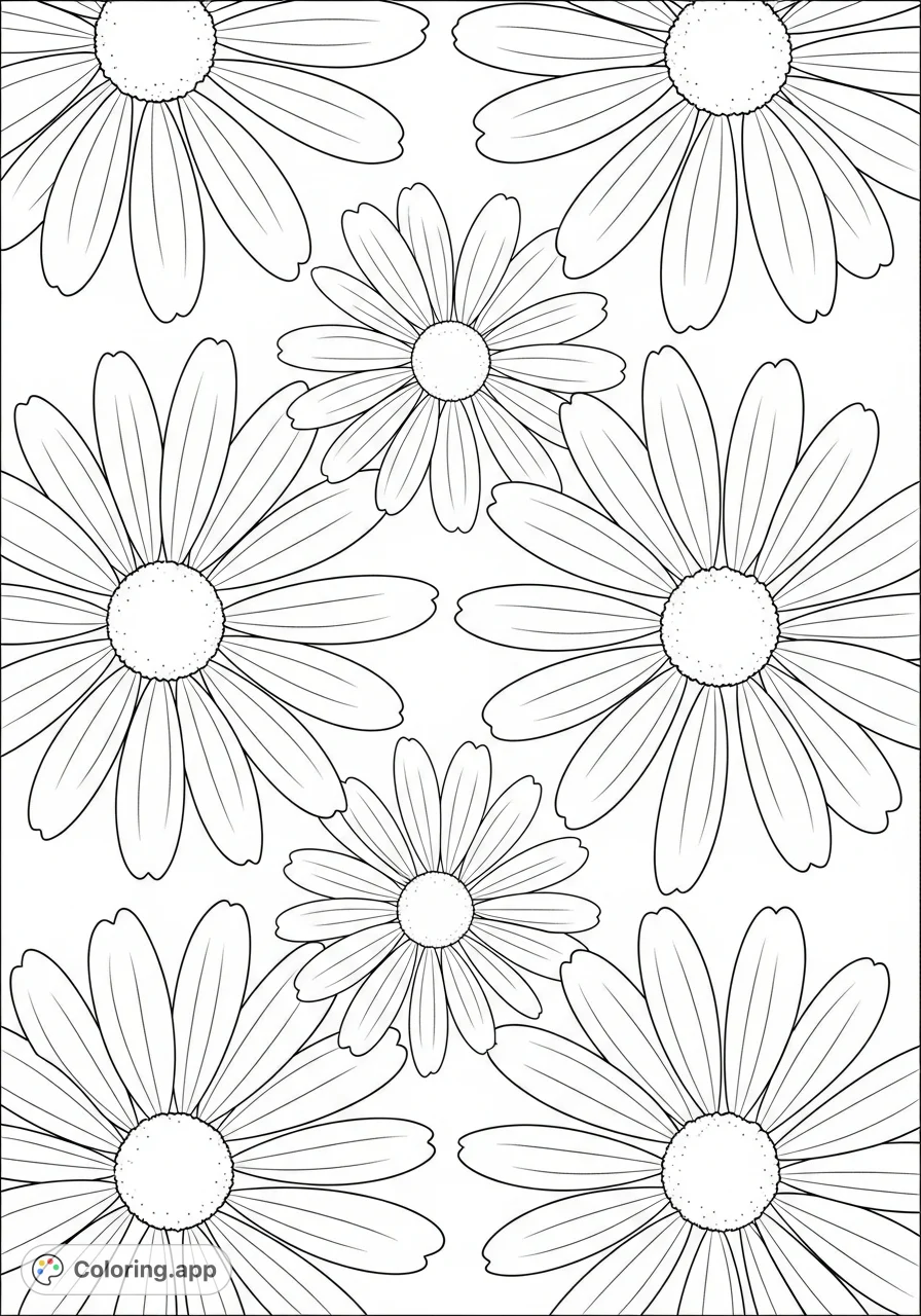 A relaxing, free printable daisy flower coloring page featuring large, simple petals and a repeating pattern. Perfect for mindful coloring for all ages.