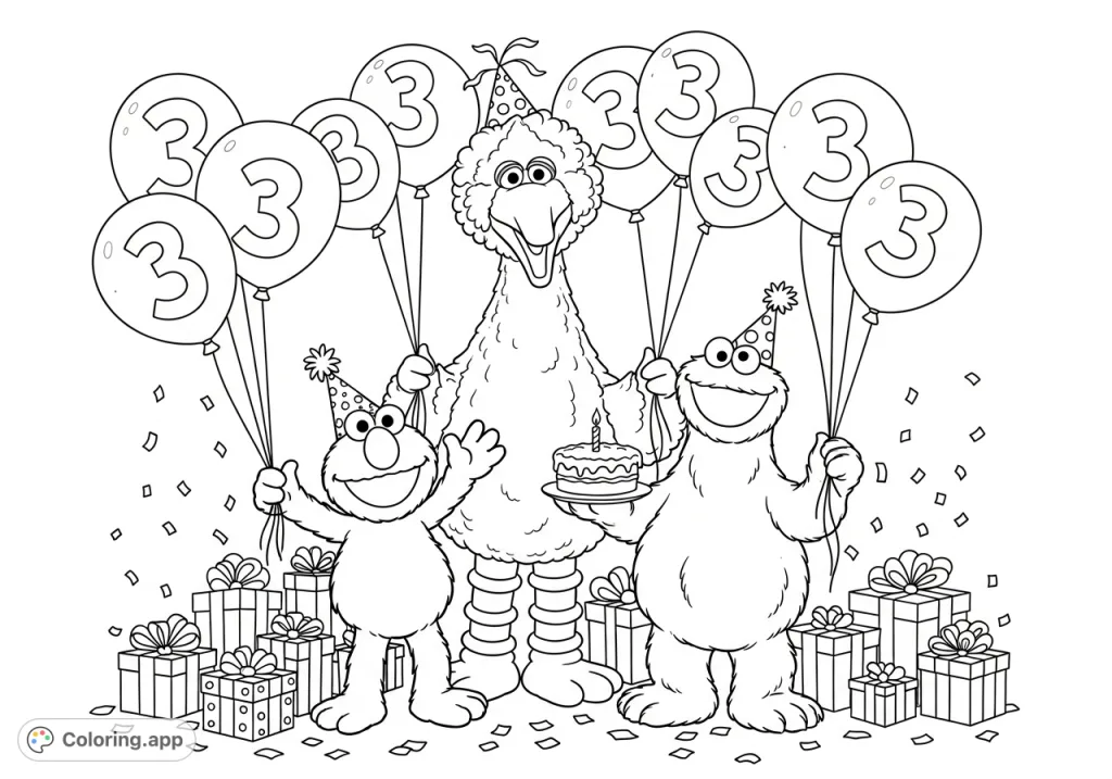 Celebrate with Elmo, Big Bird, and Cookie Monster! This festive scene features party hats, '3' balloons, cake, and gifts for a joyful birthday.