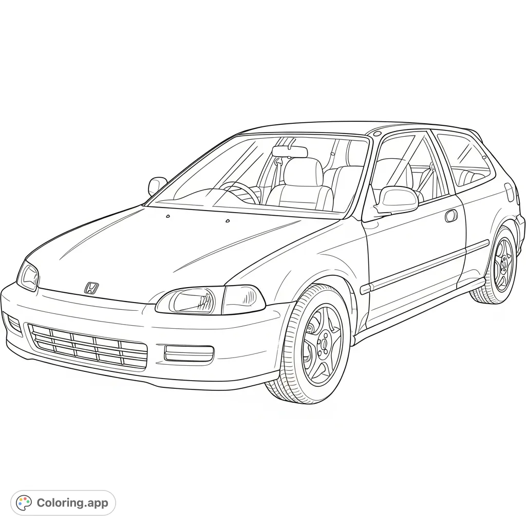 Color a classic 1993 Honda Civic, perfect for car enthusiasts. Features iconic body lines and detailed wheels. A free printable auto page for all ages.
