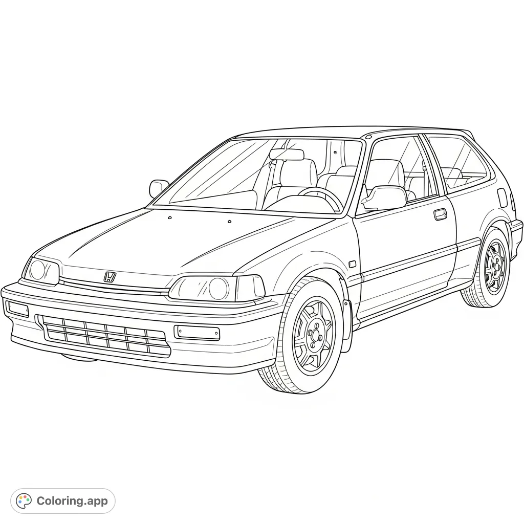Color the iconic Eg Honda Civic with its clean lines, distinct headlights, and classic compact sedan shape. Perfect for car enthusiasts of all ages!