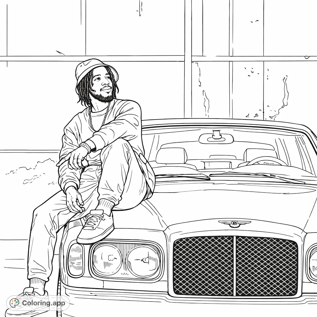 Capture urban cool with this luxury car coloring page featuring a man lounging on its hood. Perfect for car enthusiasts and those who appreciate modern style.