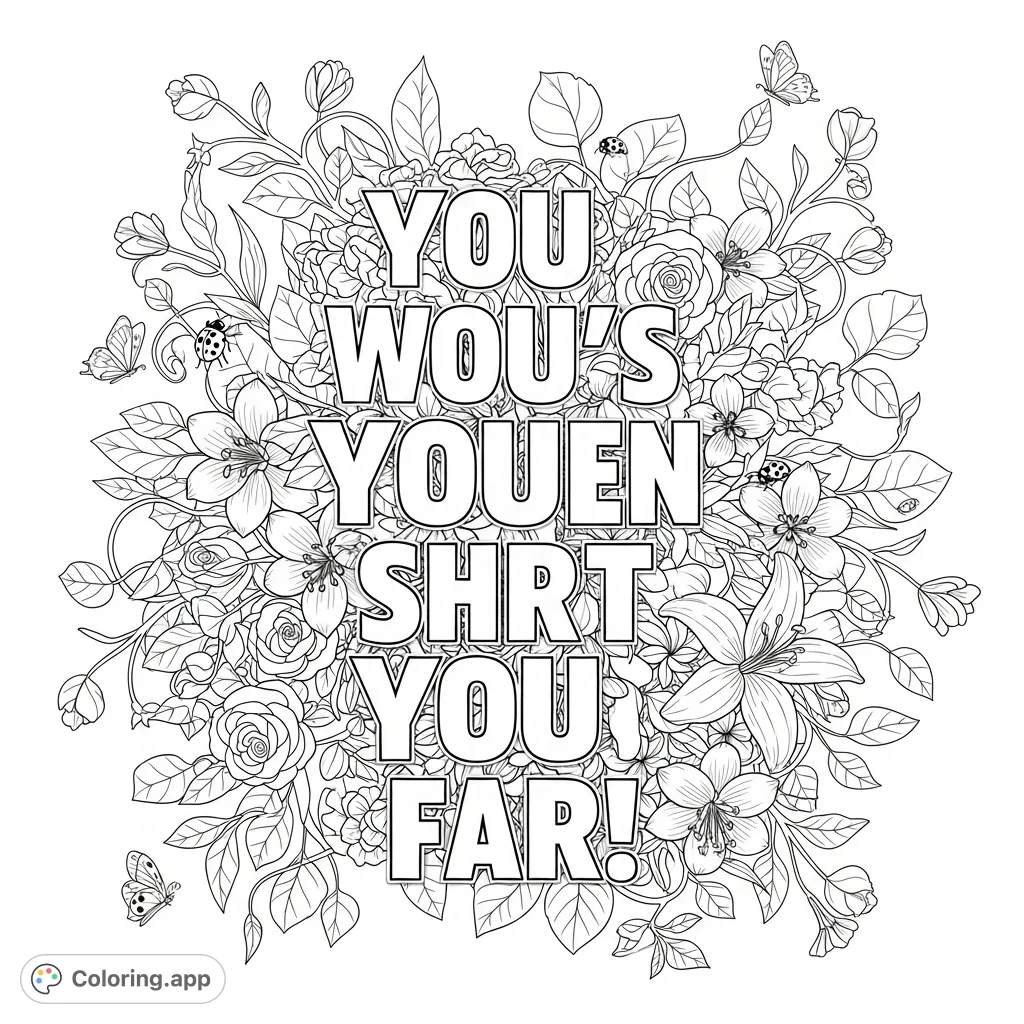 A beautiful floral quote coloring page featuring intricate blossoms, intertwining vines, and delicate insects framing a prominent motivational message. Perfect for relaxation and creativity!