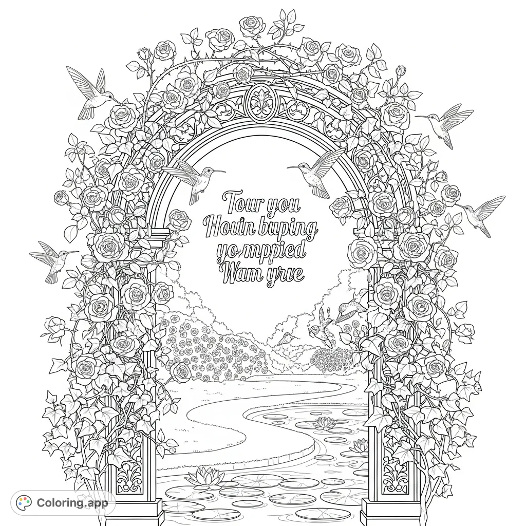 An elegant archway overgrown with roses and ivy frames a motivational quote, leading to a serene garden path, pond, and hovering hummingbirds.