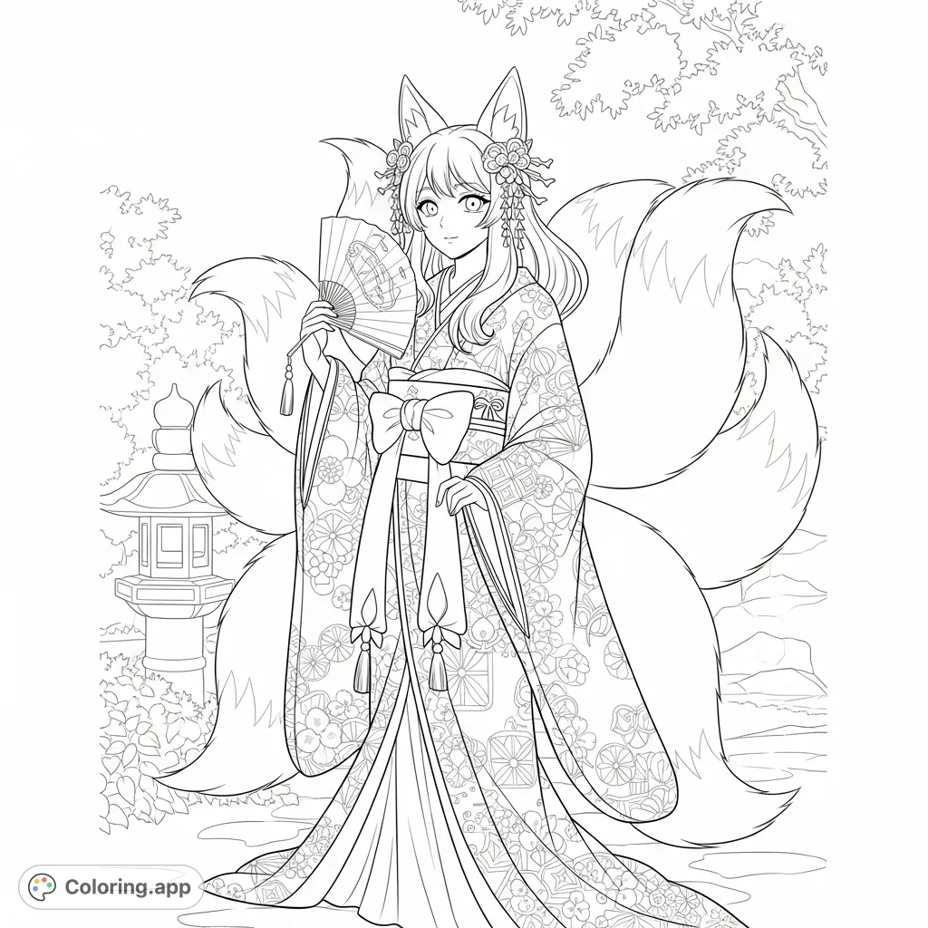 Immerse yourself in the captivating world of this anime kitsune girl coloring page. Features a mystical fox spirit in a beautiful traditional kimono.