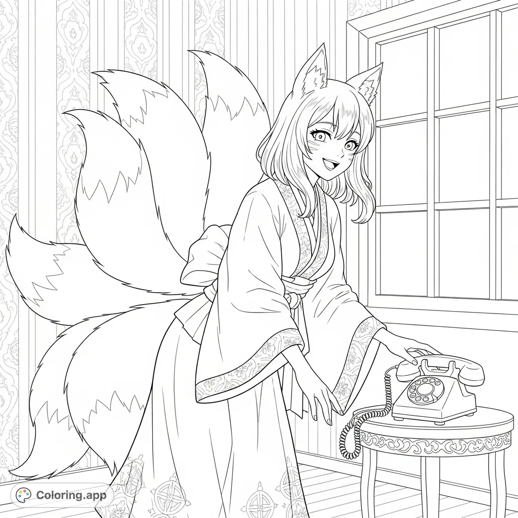 A charming kitsune anime girl smiles, reaching to answer a rotary phone. Features multiple fox tails and ears, set in a cozy room. Perfect for anime fans!