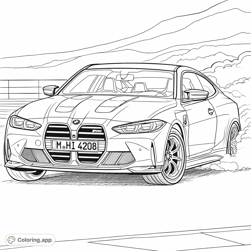 Experience the thrill of speed! Color a powerful sports coupe racing on a track, smoke trailing from its wheels. A dynamic scene for car enthusiasts!