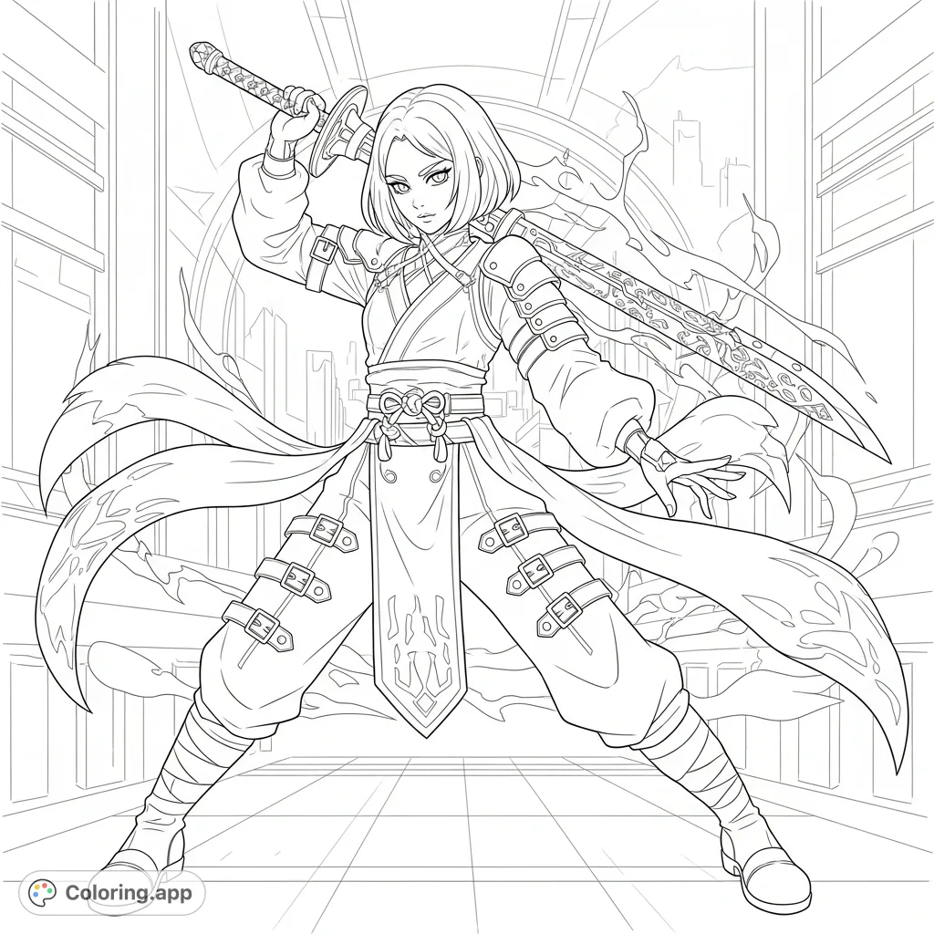 Unleash your creativity with this KPOP DEMON Hunters Rumi coloring page, featuring Rumi in a dynamic pose with her unique weapon and stylish gear.