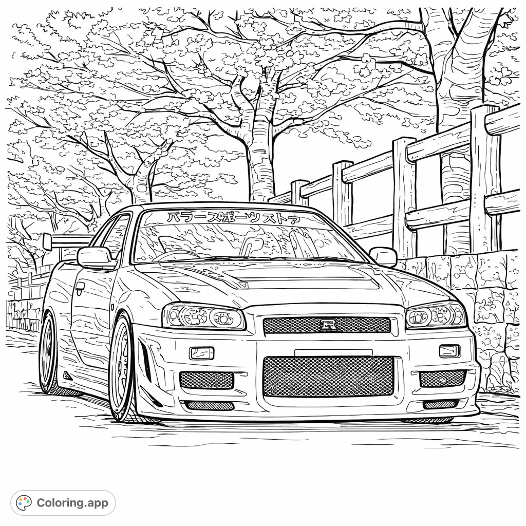 A powerful sport car parked beneath a canopy of dense, blooming trees, creating a blend of automotive style and natural beauty for coloring.