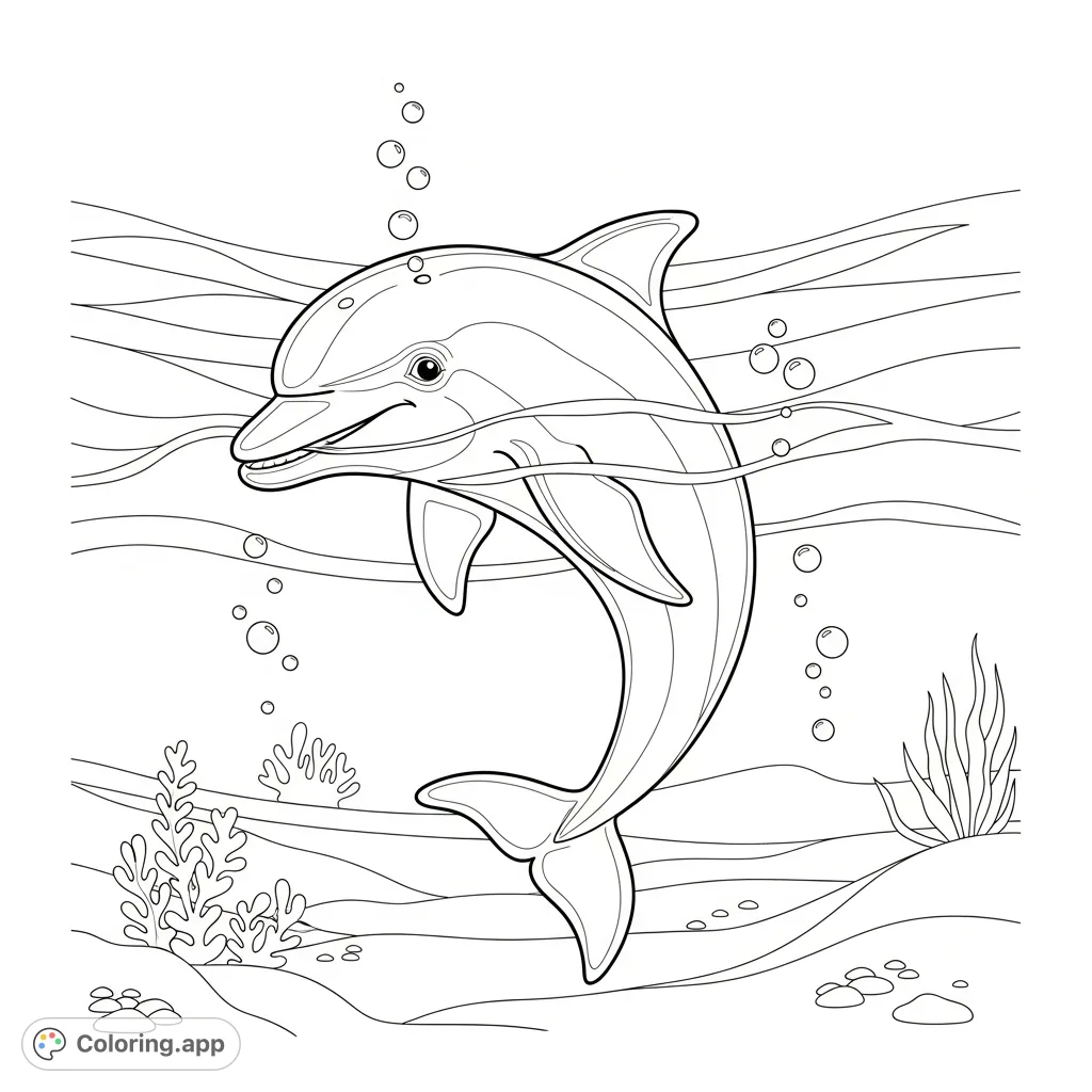 Dive into fun with this adorable dolphin coloring page! Featuring a cheerful dolphin amidst ocean bubbles and gentle waves, perfect for creative young minds.