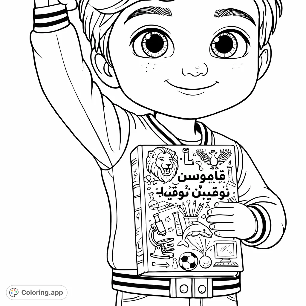 A cheerful boy holding a book filled with fascinating discoveries and diverse illustrations, ready for adventure and learning.