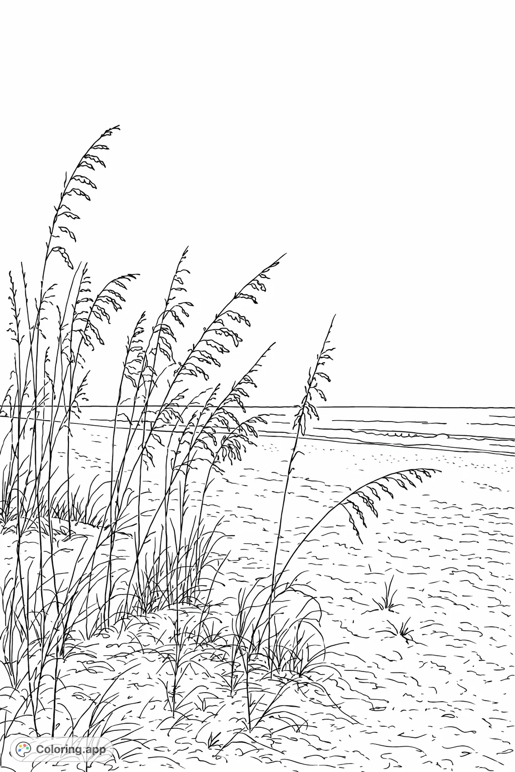 Capture the tranquil beauty of a coastal beach with swaying sea oats, soft sand, and the distant ocean in this detailed coloring page.