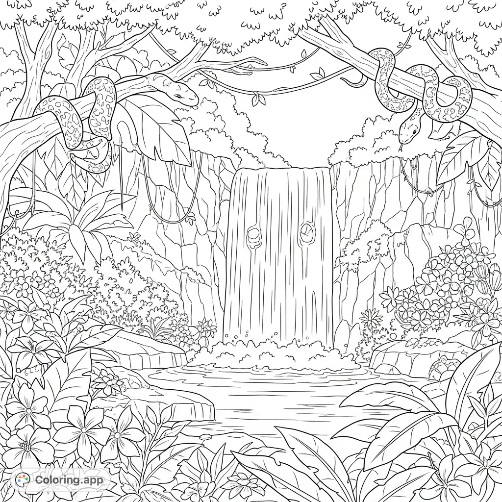 Explore a dense jungle scene featuring a majestic waterfall, exotic flowers, and hidden snakes. A free printable jungle coloring page for all ages.