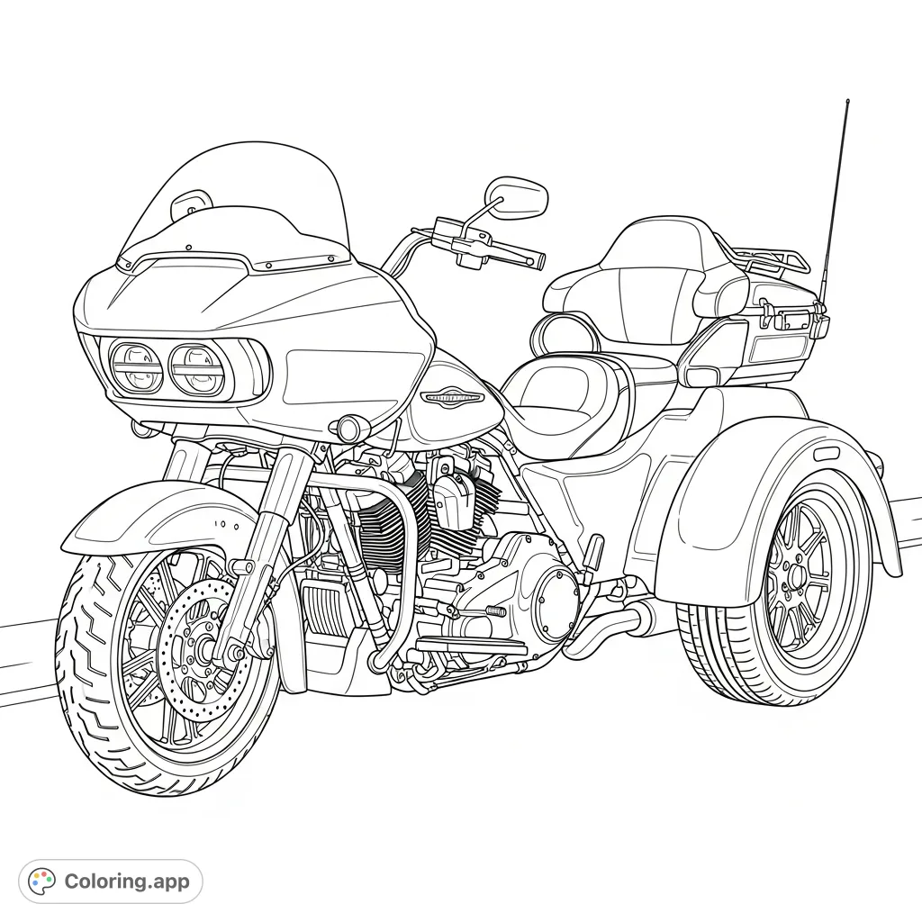 Experience the open road with this detailed 2024 Harley Davidson Road Glide 3 trike coloring page. Capture its iconic form and powerful presence with your artistic touch.