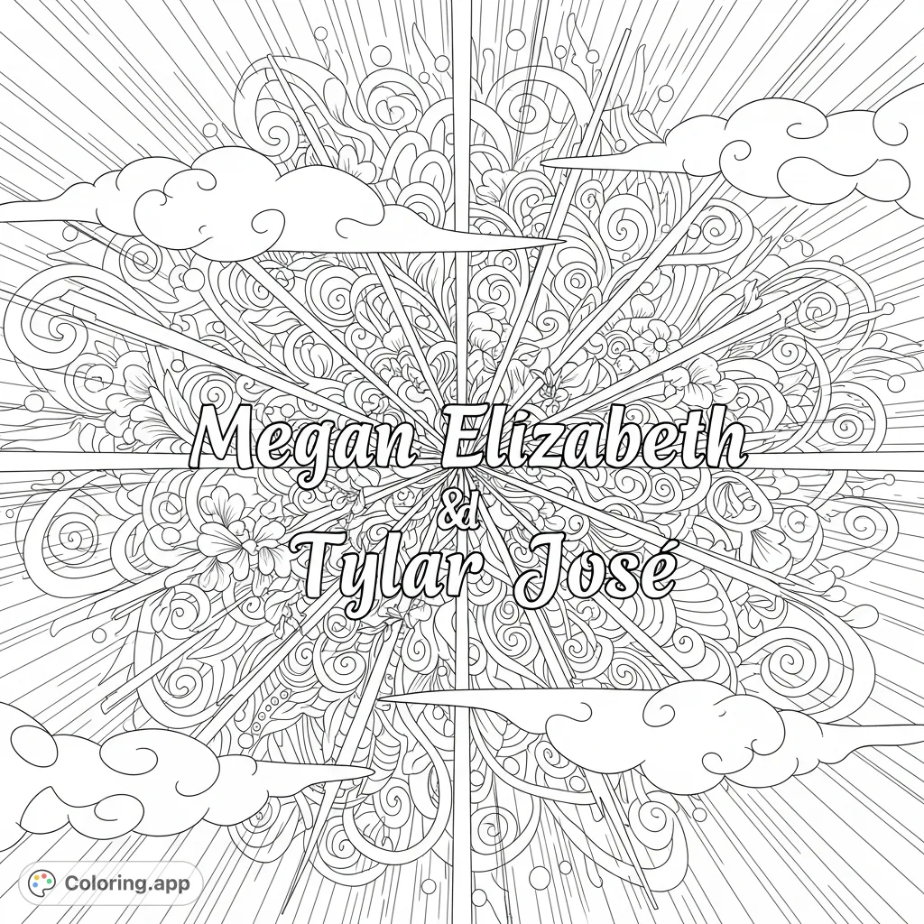 A sophisticated adult coloring page featuring the names Megan Elizabeth & Tylar Jose, surrounded by intricate mandala swirls, delicate floral designs, winding vines, and soft cloud formations.