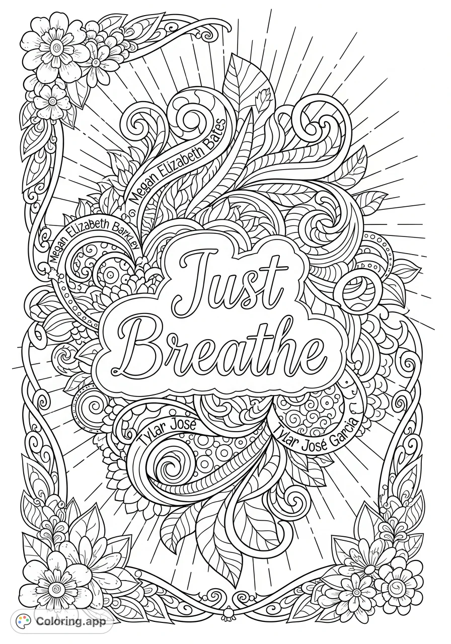 Find serenity with this intricate adult coloring page featuring "Just Breathe," personalized names, and elaborate floral and geometric patterns for mindful coloring.