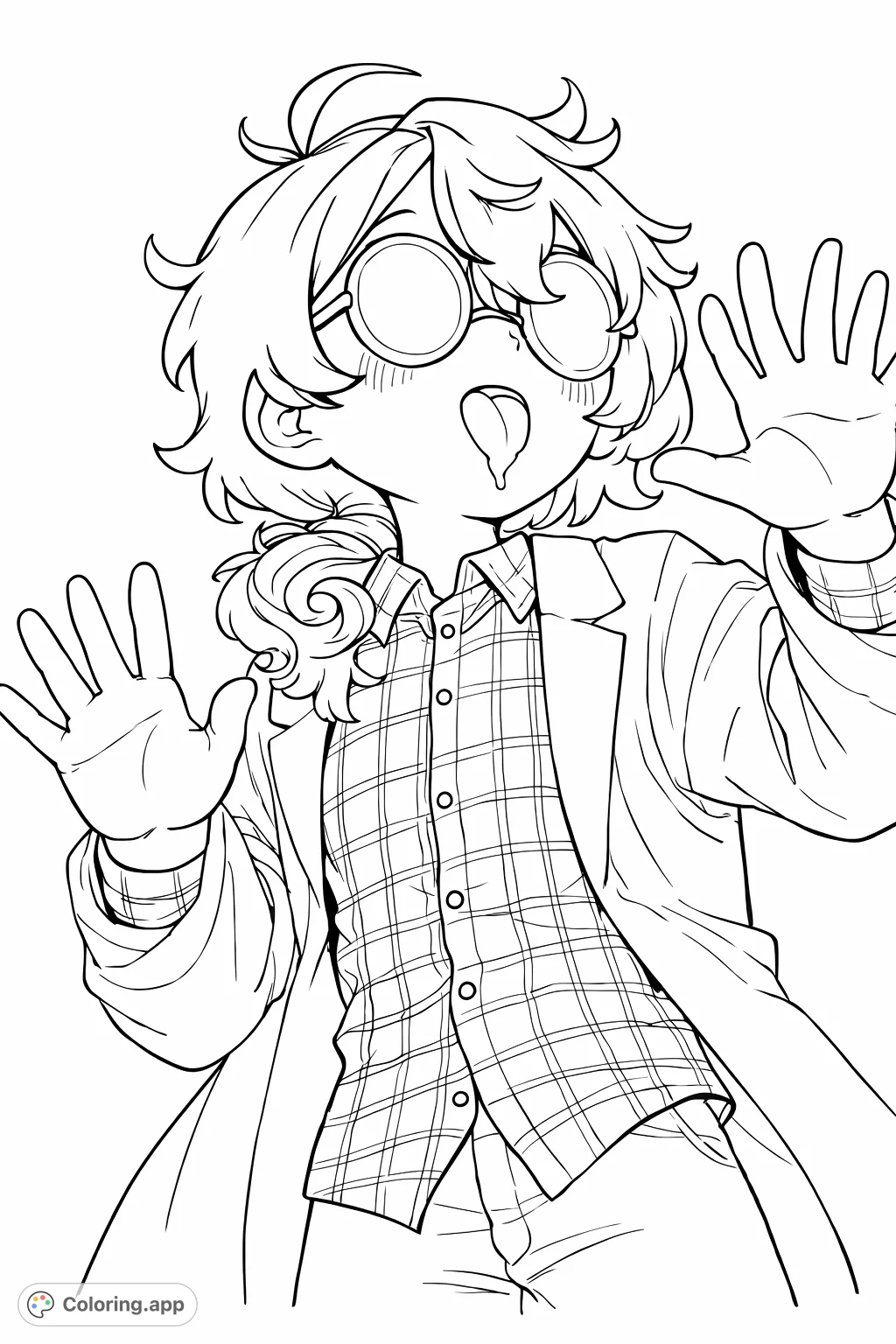 A whimsical character with large glasses and a lab coat, pressing hands against a surface, full of playful curiosity. Perfect for creative coloring!