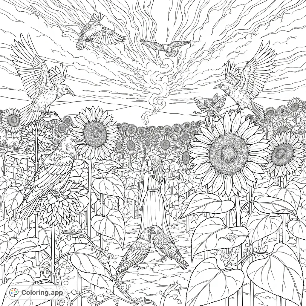 Discover a captivating scene of a solitary figure amidst towering sunflowers and ravens, set against a dramatically clouded horizon. A detailed nature coloring page.
