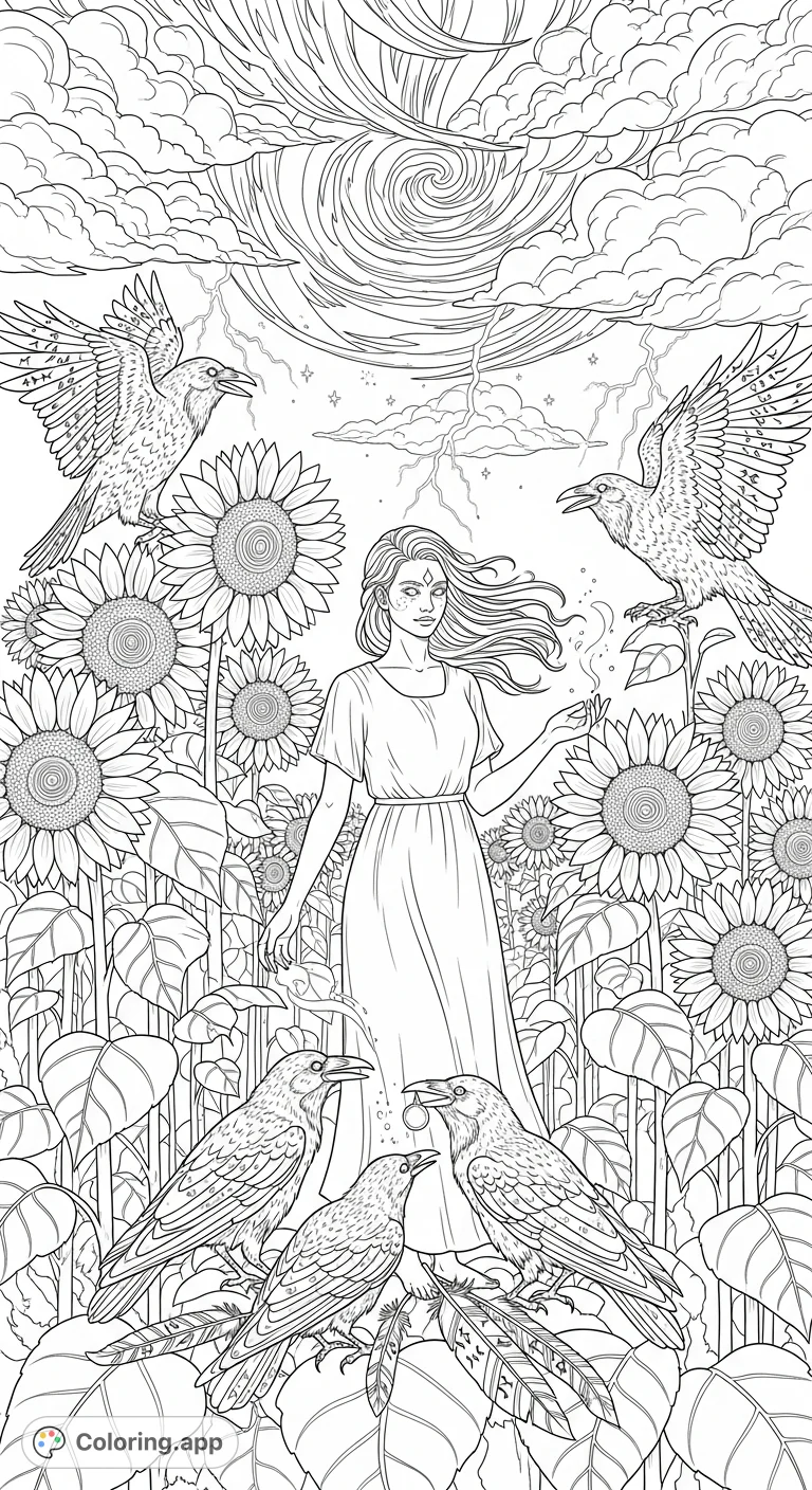A captivating figure stands gracefully in a vibrant sunflower field, surrounded by numerous ravens, with a dramatic storm gathering on the distant horizon.