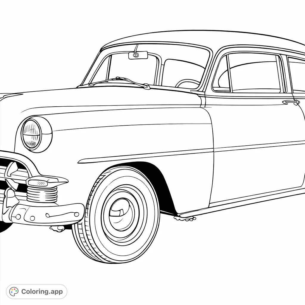 A stunning classic car coloring page featuring a retro sedan with gleaming chrome details and a distinctive body shape. Perfect for automotive enthusiasts.