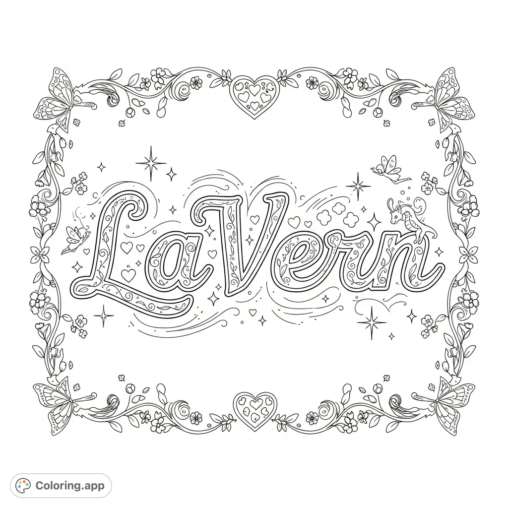 A beautiful LaVern coloring page featuring elegant script with intricate scrollwork, floral motifs, and a whimsical border of vines, blossoms, and butterflies.